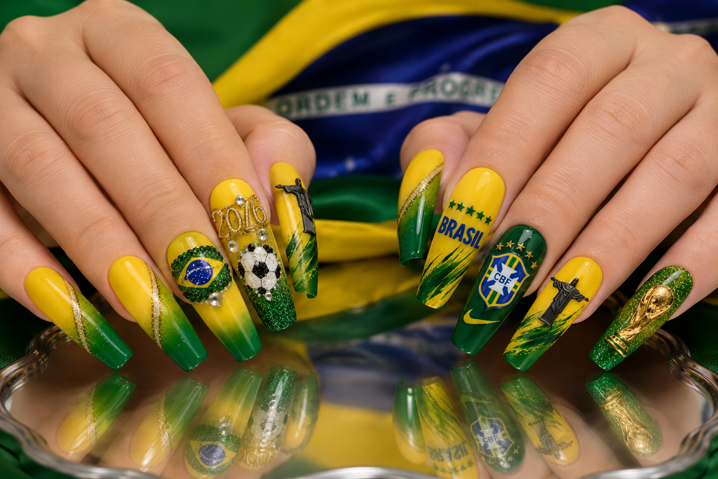 Brazil World Cup 2026 Luxury Handmade Press-On Nails – Green & Yellow Soccer Nail Set