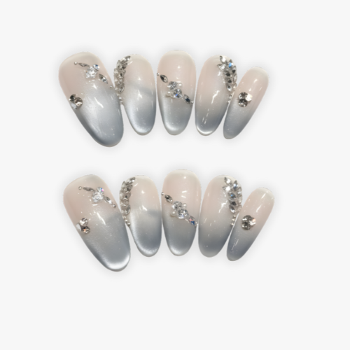 Ivory Crystal Ombre Almond Nails