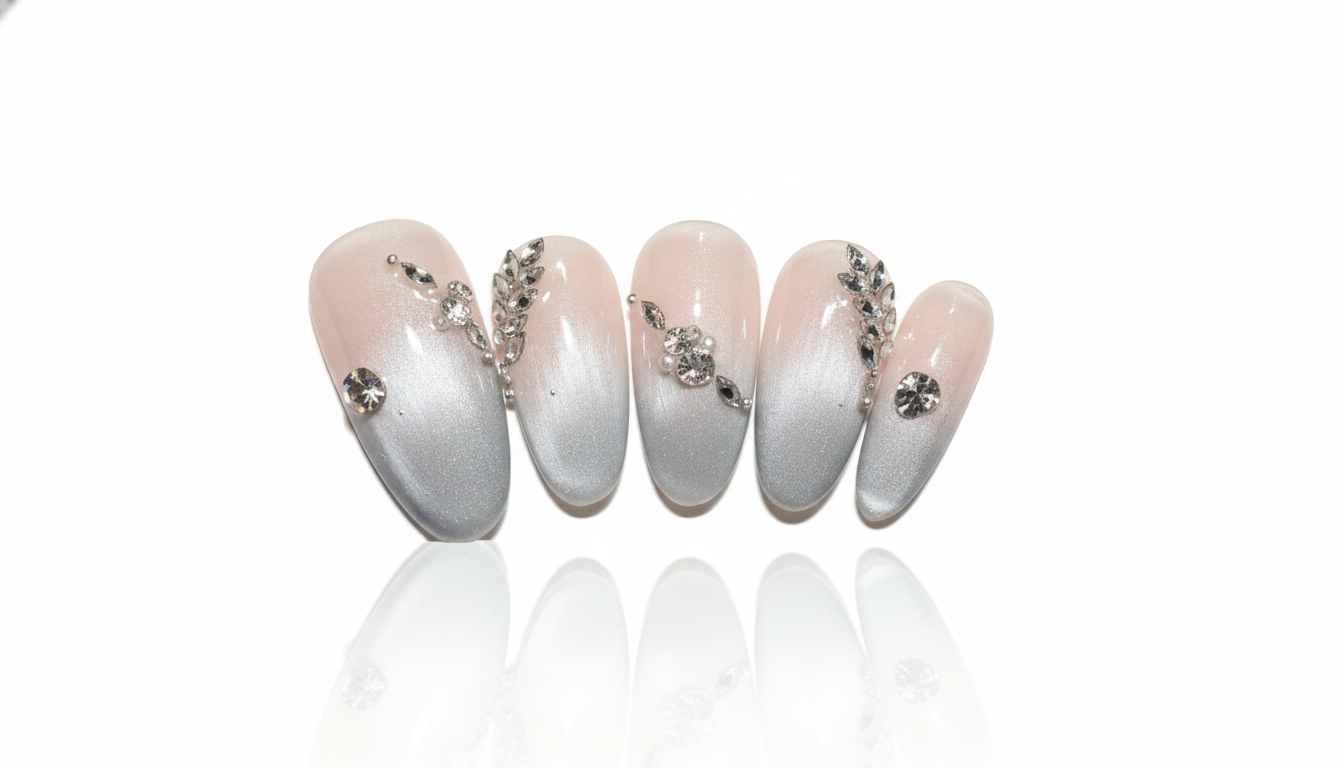 Ivory Crystal Ombre Almond Nails