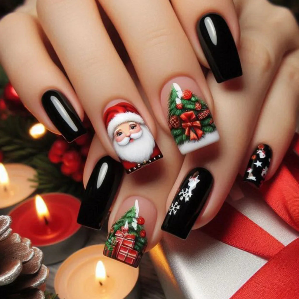 Green Christmas Press on Nails Snowman Santa Claus Print Fake Nails for Women Wearable Winter Christmas False Nails