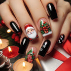 Green Christmas Press on Nails Snowman Santa Claus Print Fake Nails for Women Wearable Winter Christmas False Nails