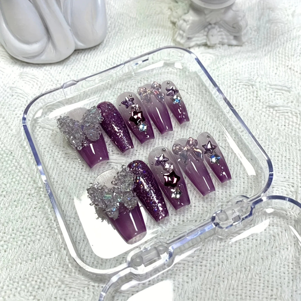 10pcs high-end Flash crystal butterfly long handmade fake nails, Full of diamond purple women's fake nails