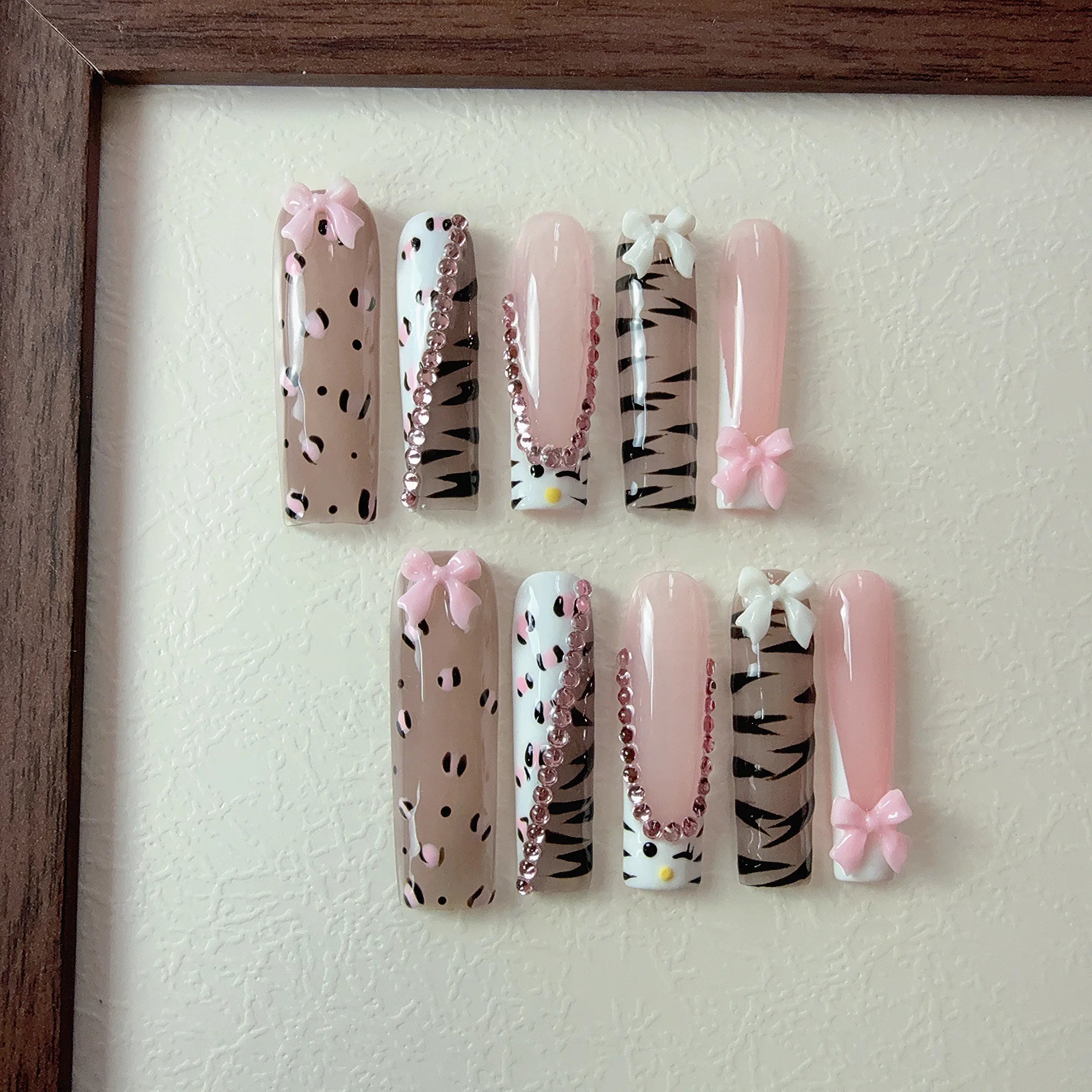 10pcs high-end Y2K Spicy girl style, hand-painted leopard print, zebra print, three-dimensional bow, sparkling pile diamond hand
