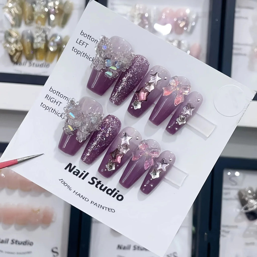 10pcs high-end Flash crystal butterfly long handmade fake nails, Full of diamond purple women's fake nails