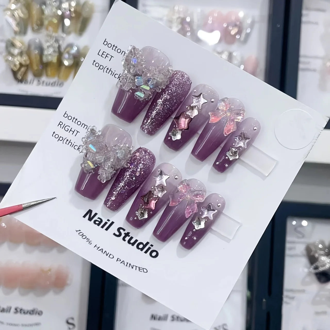 10pcs high-end Flash crystal butterfly long handmade fake nails, Full of diamond purple women's fake nails