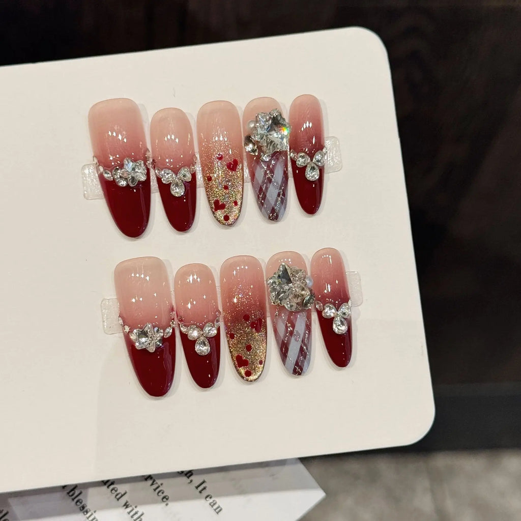 10 PCS Luxury Handmade Press on Nails Long Oval Love wave point Design with 3-PIECE Tool Adhesive Nail Glue Tabs