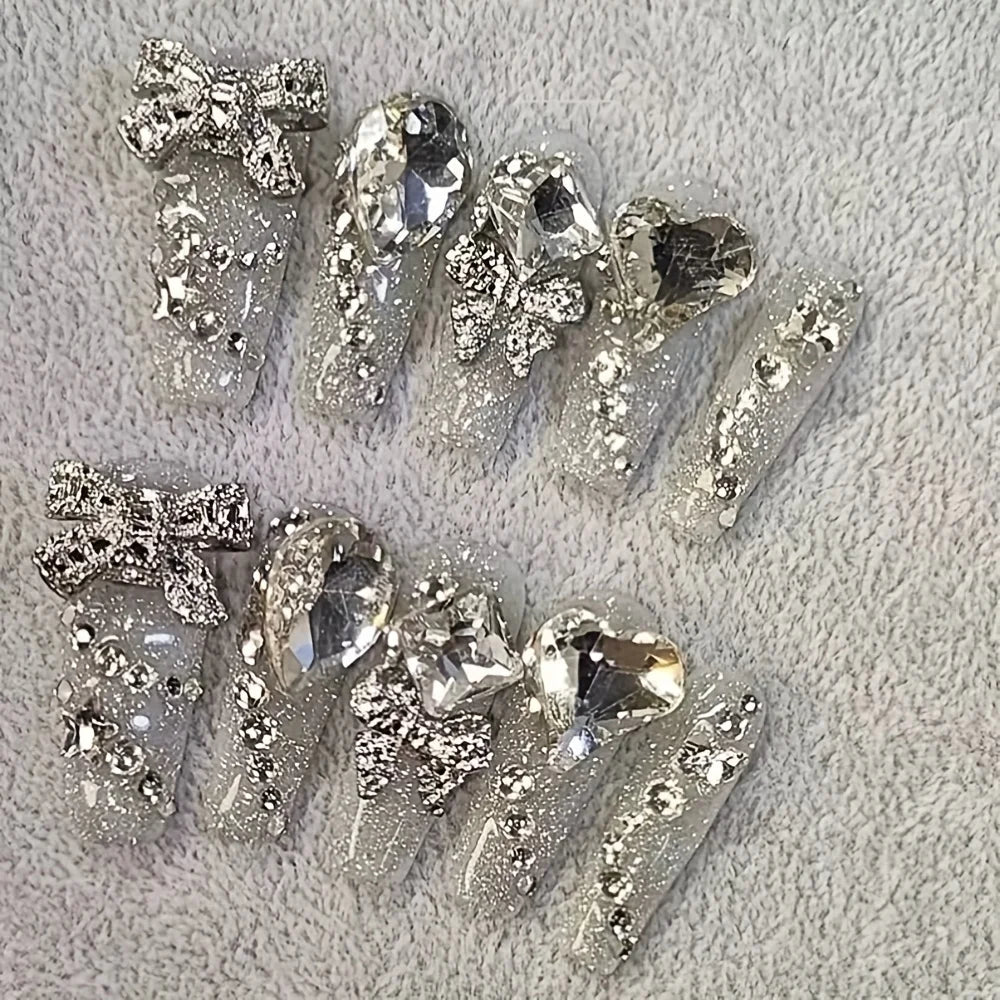 10pcs high-end Flash long silver with diamonds handmade fake nails, Light luxury long temperament girl nail decoration patch