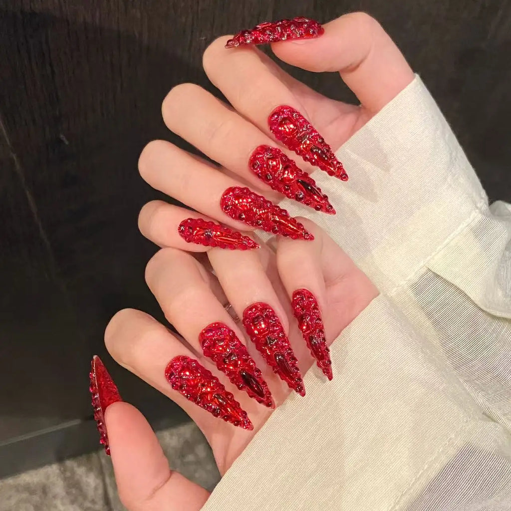10pcs high-end Light luxury red long style handmade fake nails, Red nail decoration patches for girls