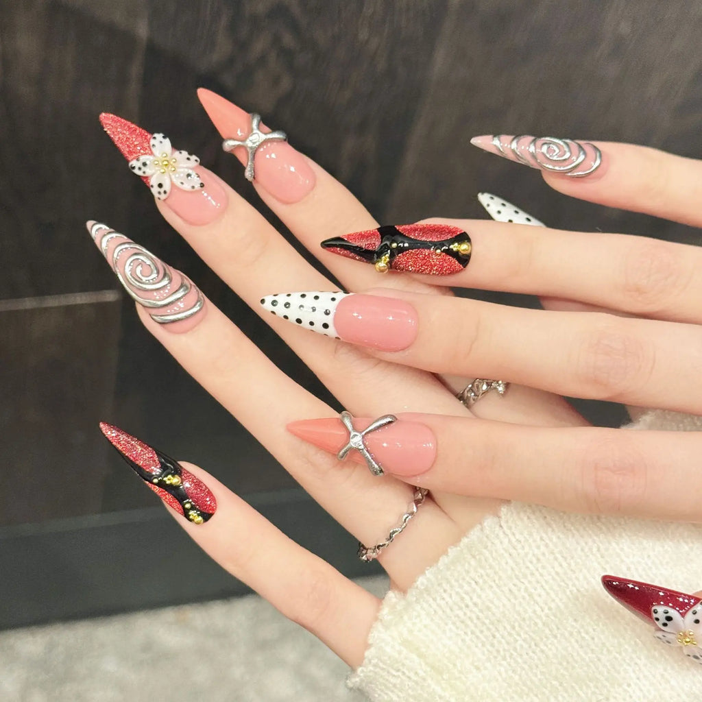 10 PCS Luxury Handmade Press on Nails Long pointed shape Rose red wave point Design with 3-PIECE Tool Adhesive Nail Glue Tabs