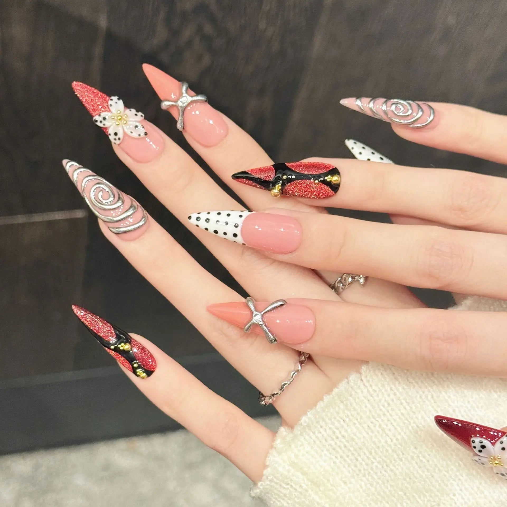 10 PCS Luxury Handmade Press on Nails Long pointed shape Rose red wave point Design with 3-PIECE Tool Adhesive Nail Glue Tabs