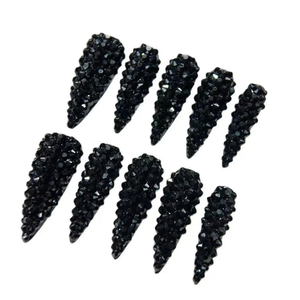 10pcs high-end Cool girl style, dazzling pure black round diamond, sparkling water diamond handmade fake nails