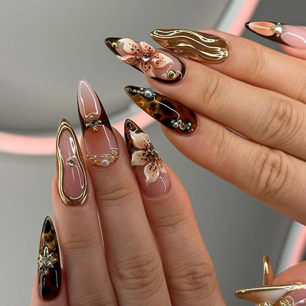 Maillard Leopard Pearl Flower Nails