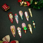 Christmas handmade press on fake nails, 10pcs, hand-painted patch on fake nails, long pointed style, finished nail set,