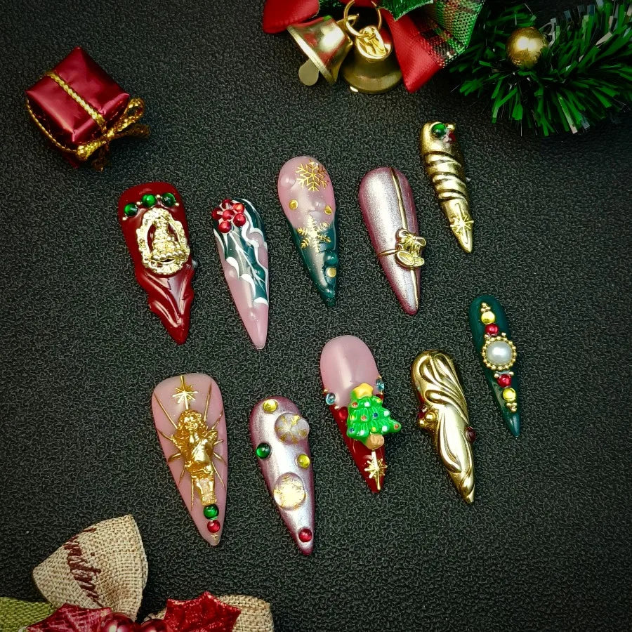 Christmas handmade press on fake nails, 10pcs, hand-painted patch on fake nails, long pointed style, finished nail set,