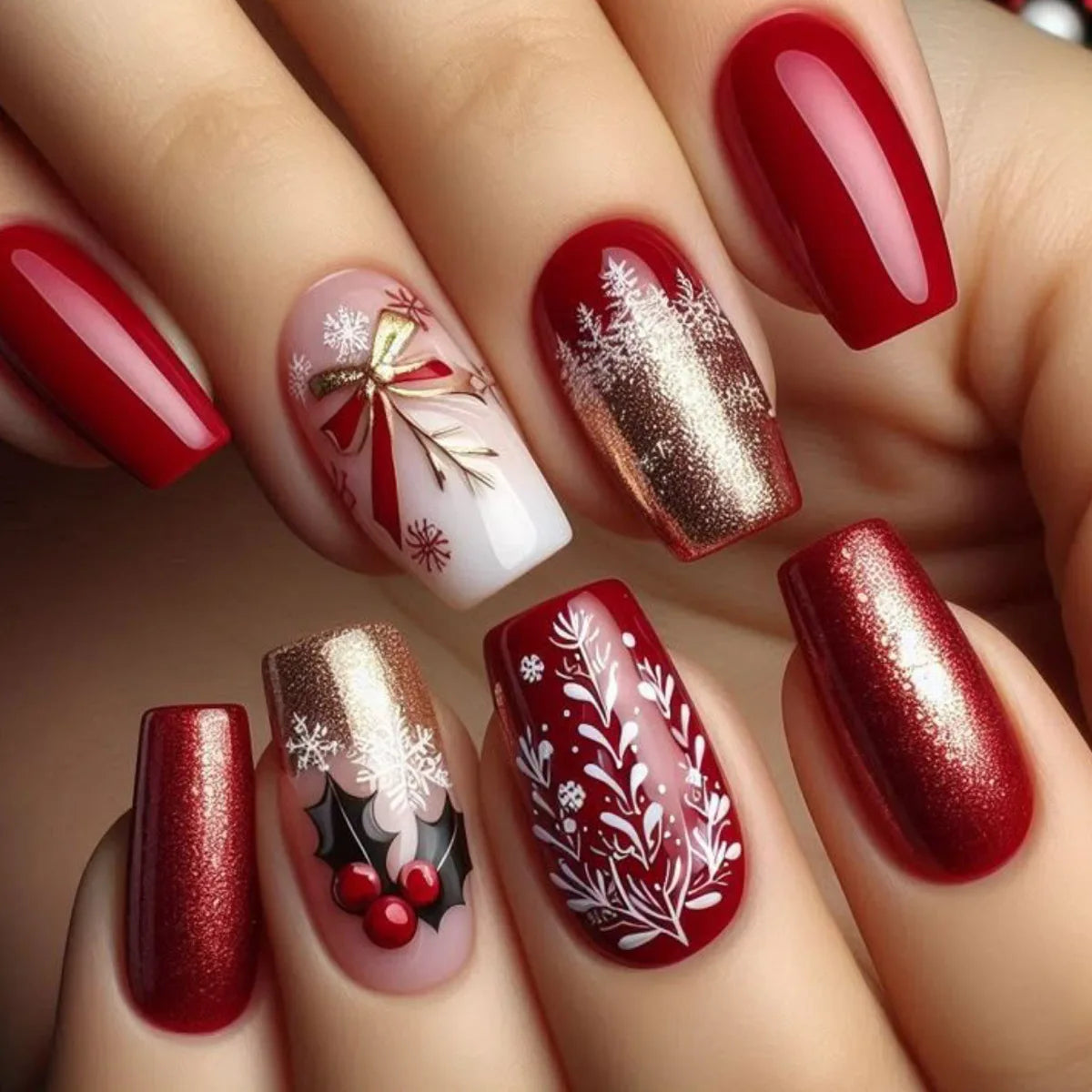 Green Christmas Press on Nails Snowman Santa Claus Print Fake Nails for Women Wearable Winter Christmas False Nails