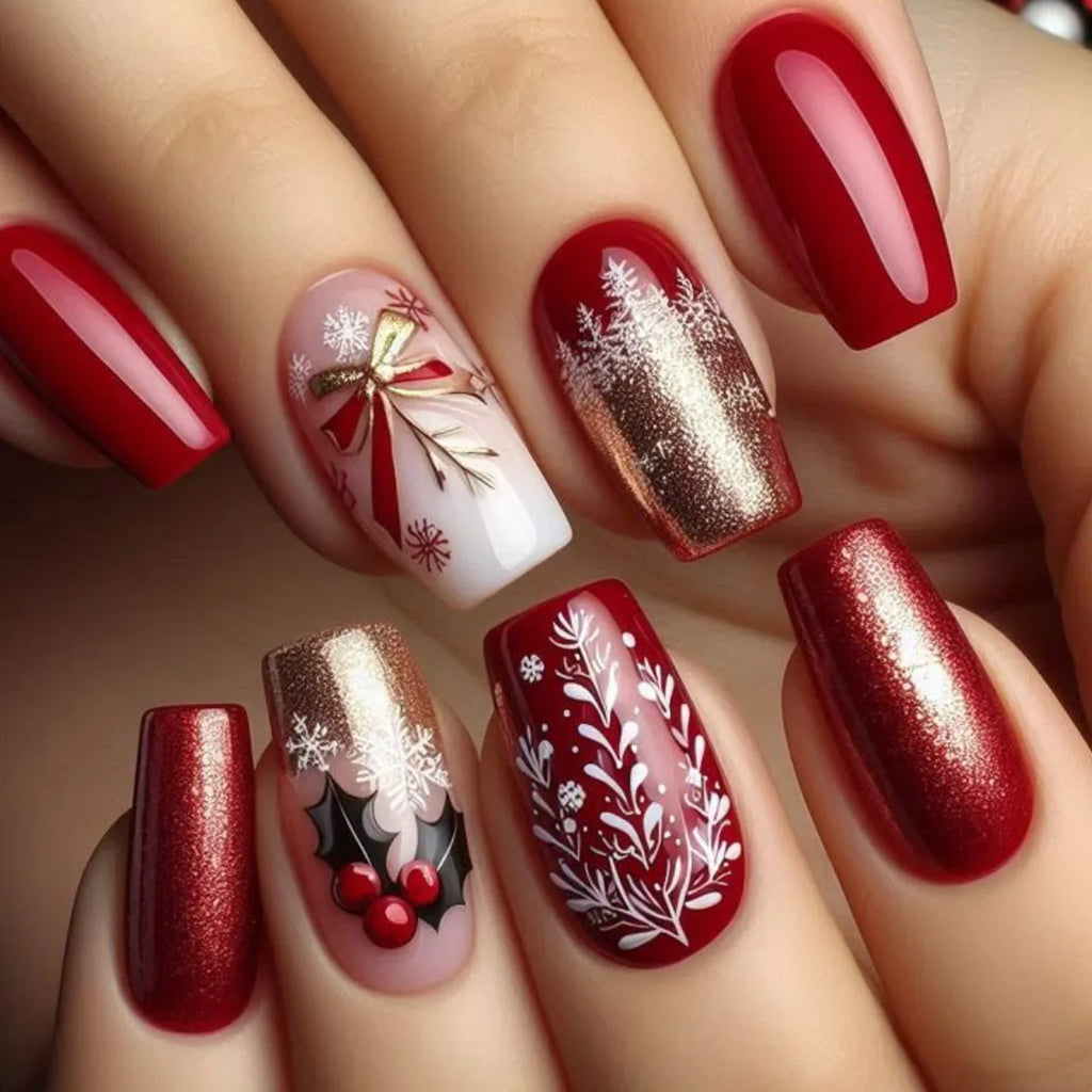 Green Christmas Press on Nails Snowman Santa Claus Print Fake Nails for Women Wearable Winter Christmas False Nails