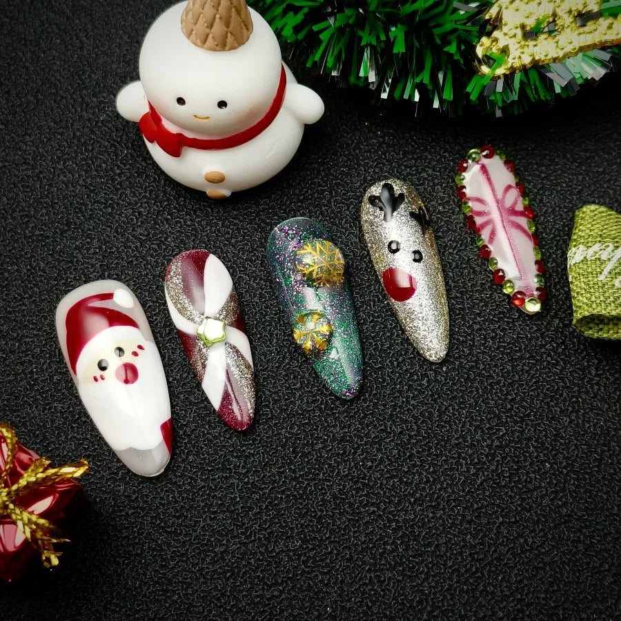 Christmas Cute Nail Art Set, Sweet Pink Heart Press On Nails | 3D Bow & Rhinestone Coffin Nails | Cute Girly Handmade Set