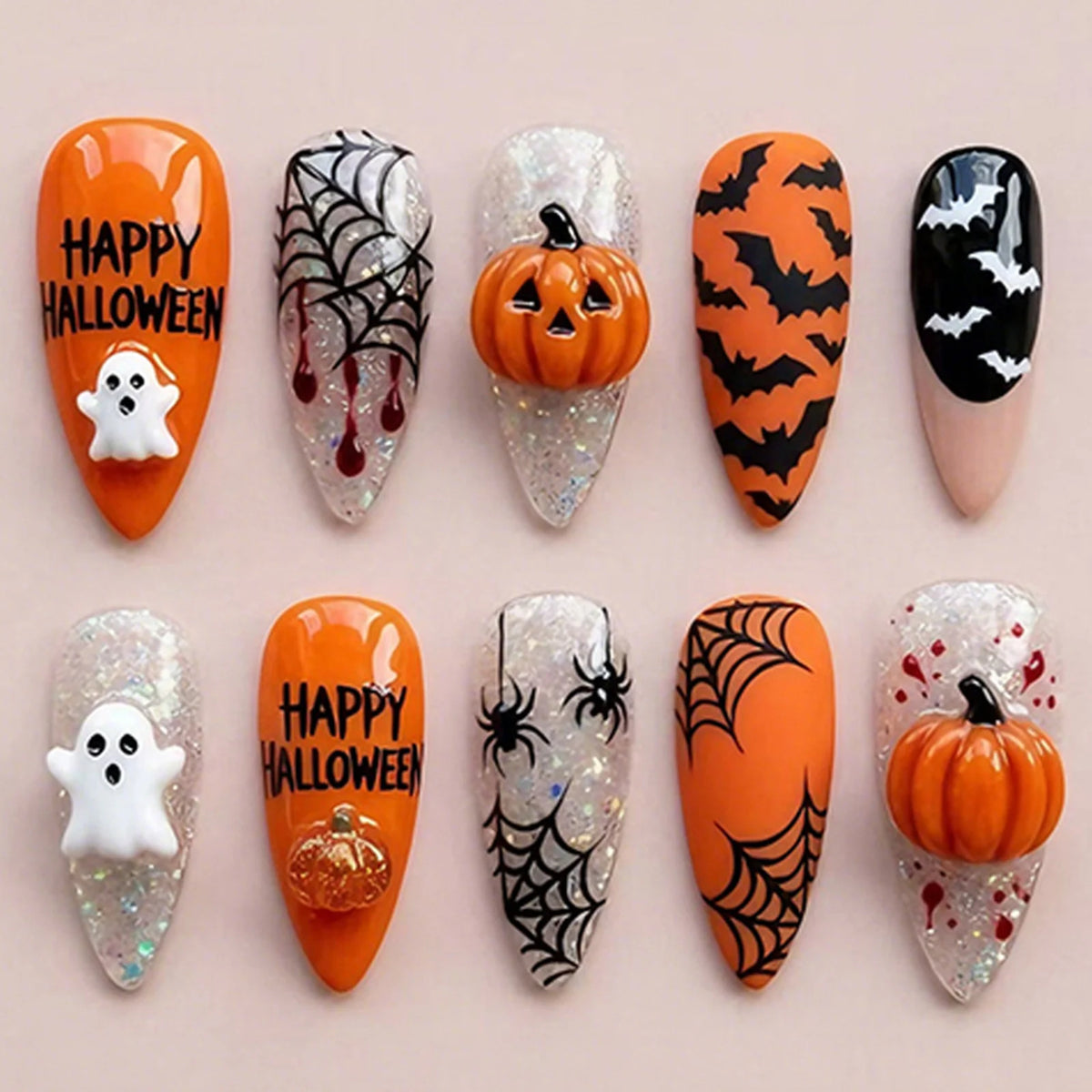Ghost Pumpkin Bat Web Nails