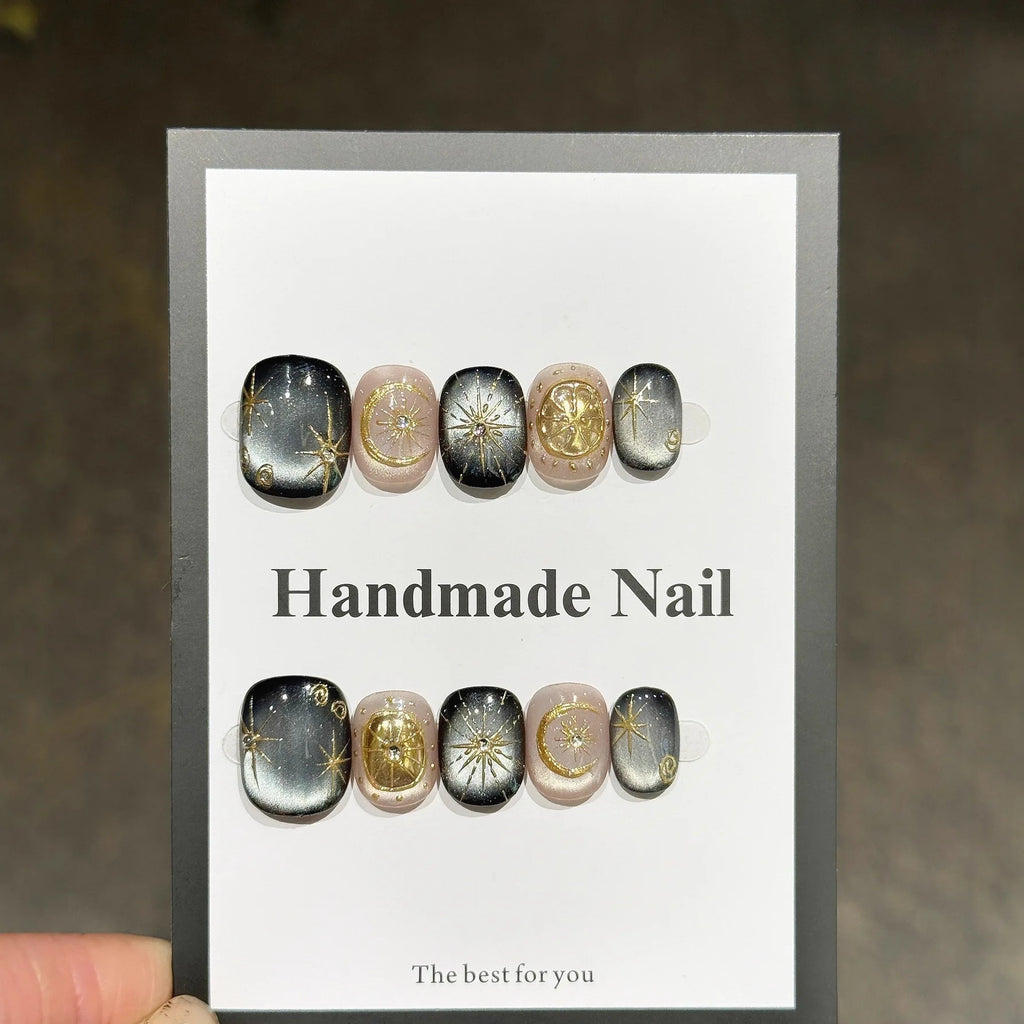Autumn Brown Cat-Eye Press-On Nails on hand