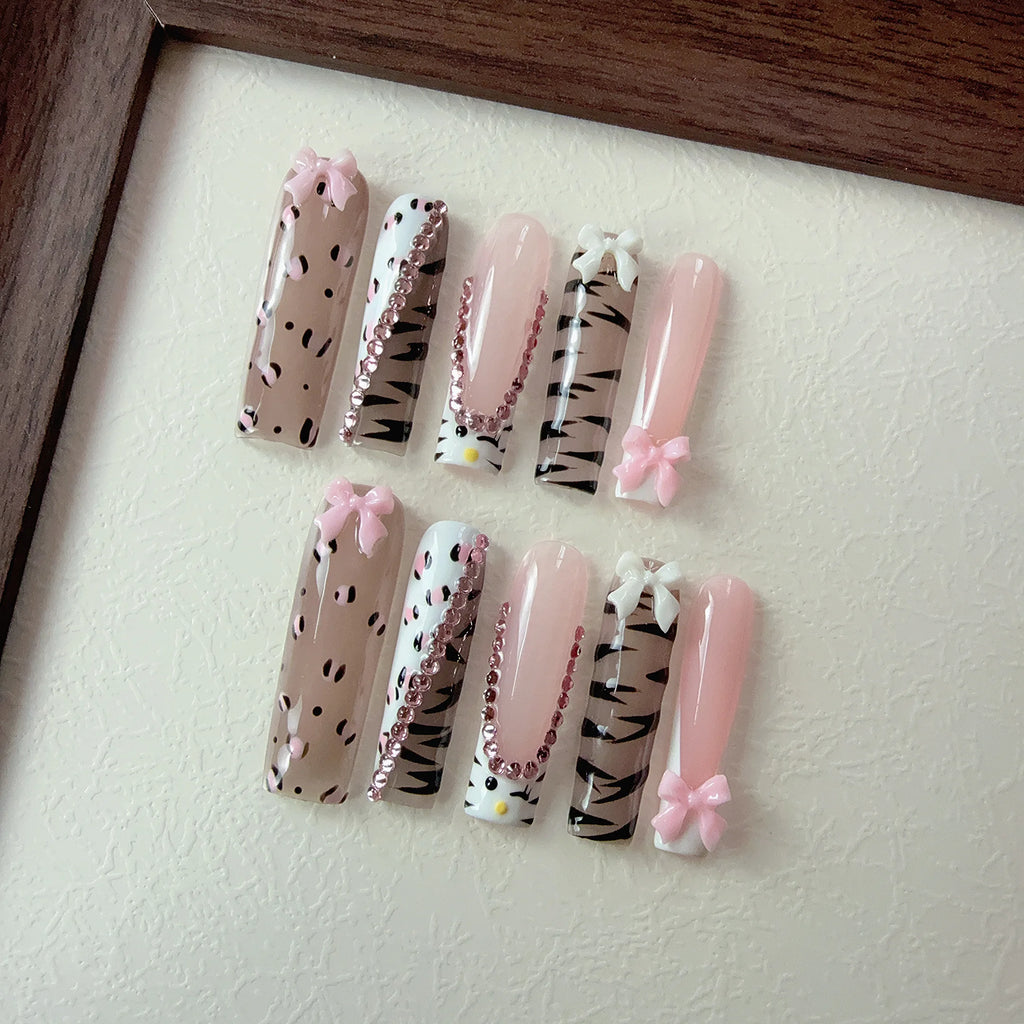 10pcs high-end Y2K Spicy girl style, hand-painted leopard print, zebra print, three-dimensional bow, sparkling pile diamond hand