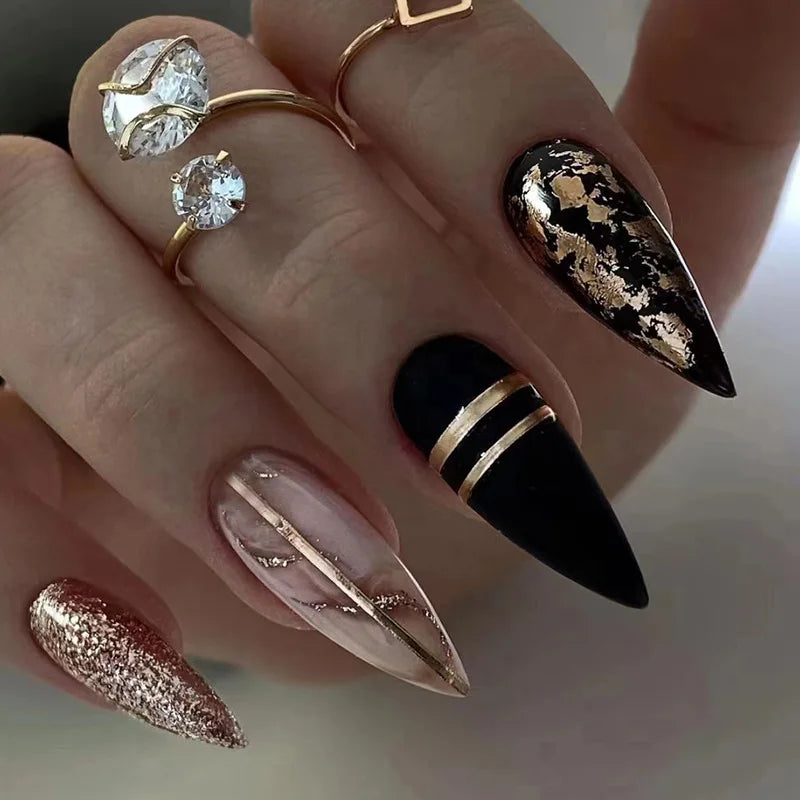 24pcs Black Stiletto Press on Nails Y2k Cat's Eye Design Manicure Pearl Starlight Long Almond False Nails Tip Wearable Fake Nail