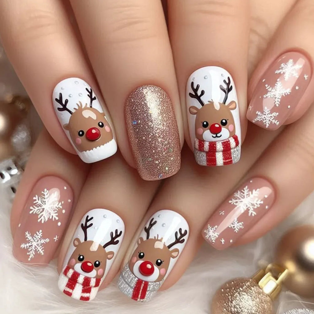 Green Christmas Press on Nails Snowman Santa Claus Print Fake Nails for Women Wearable Winter Christmas False Nails