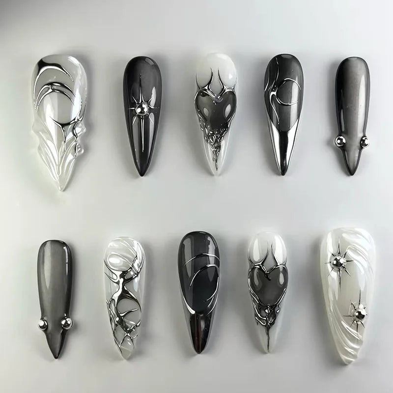 24pcs Black Stiletto Press on Nails Y2k Cat's Eye Design Manicure Pearl Starlight Long Almond False Nails Tip Wearable Fake Nail