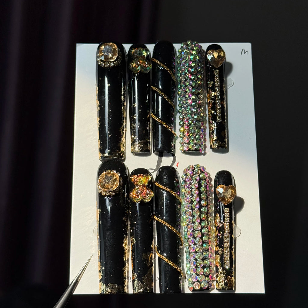 10pcs high-end Junk punk style, heavy metal design, hand-painted three-dimensional bear, heart, chain, sparkling pile diamond