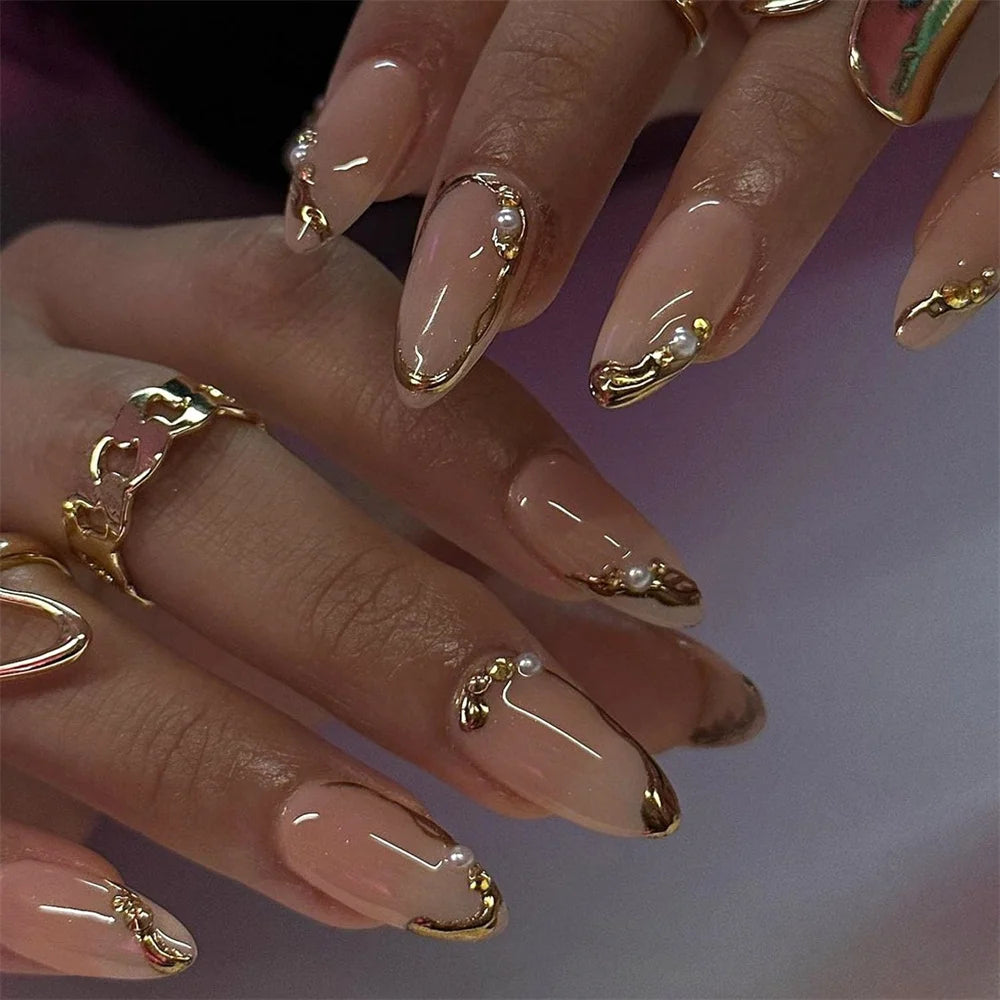 Gold Chrome Pearl Wedding Nails set