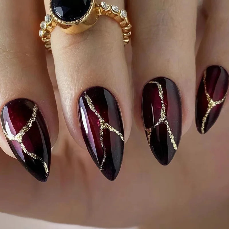 24pcs Black Stiletto Press on Nails Y2k Cat's Eye Design Manicure Pearl Starlight Long Almond False Nails Tip Wearable Fake Nail