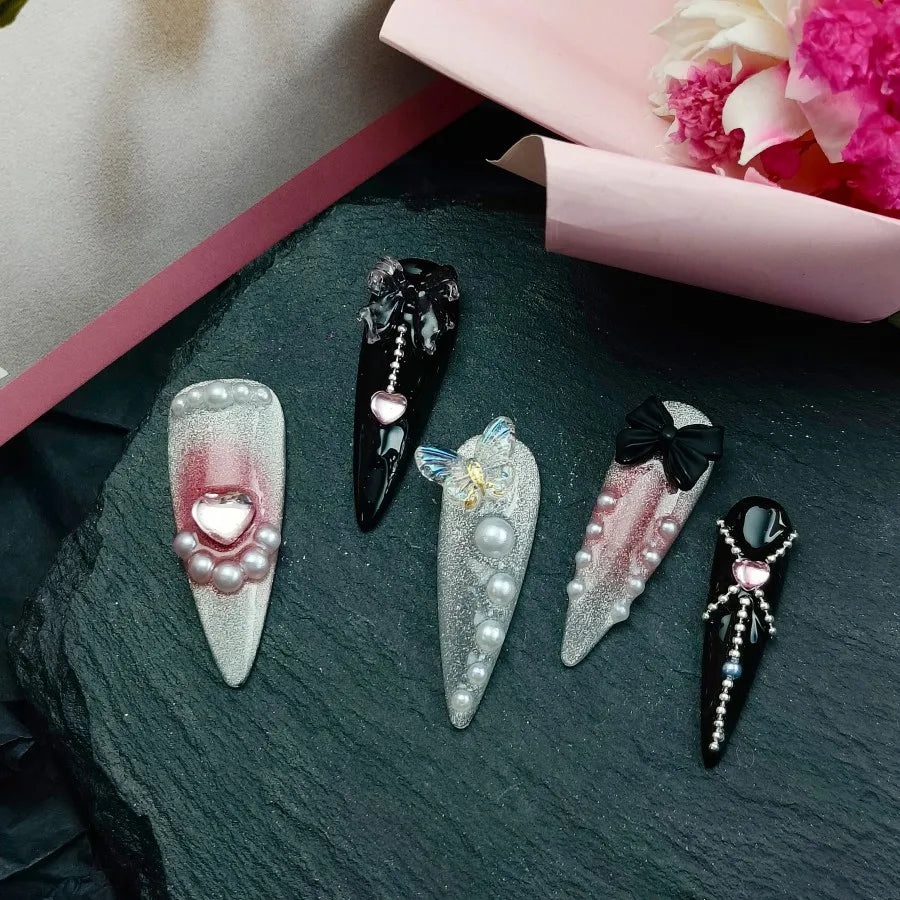 Vintage Flower & Lace French Press On Nails | 3D Rhinestone Butterfly Long Coffin Nails | Elegant Handmade Nail Art