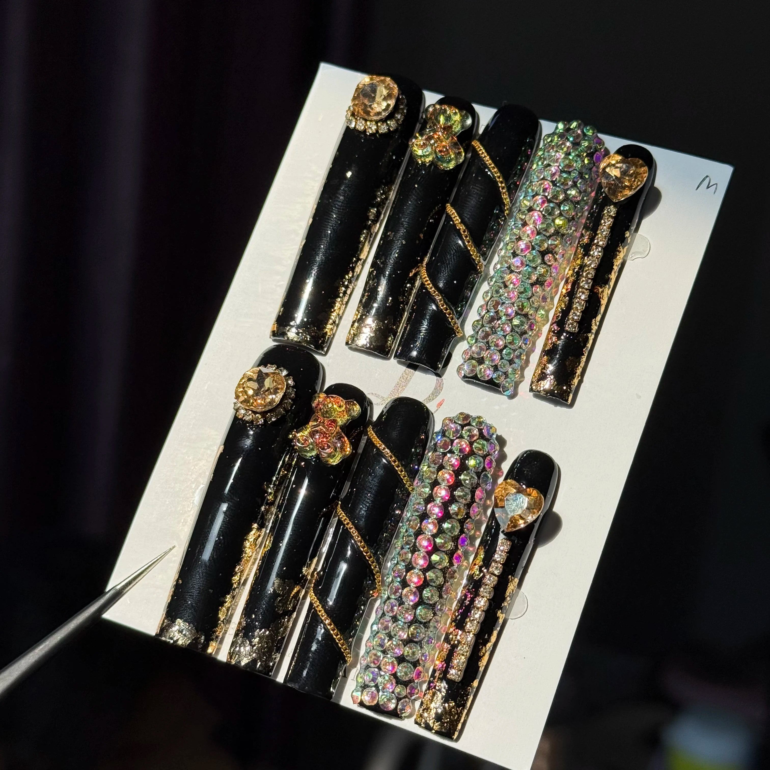 10pcs high-end Junk punk style, heavy metal design, hand-painted three-dimensional bear, heart, chain, sparkling pile diamond