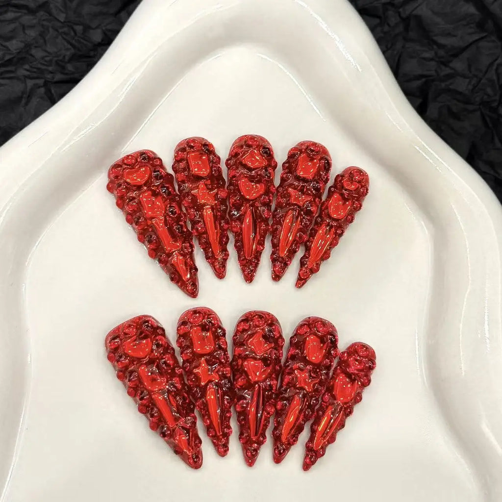 10pcs high-end Light luxury red long style handmade fake nails, Red nail decoration patches for girls