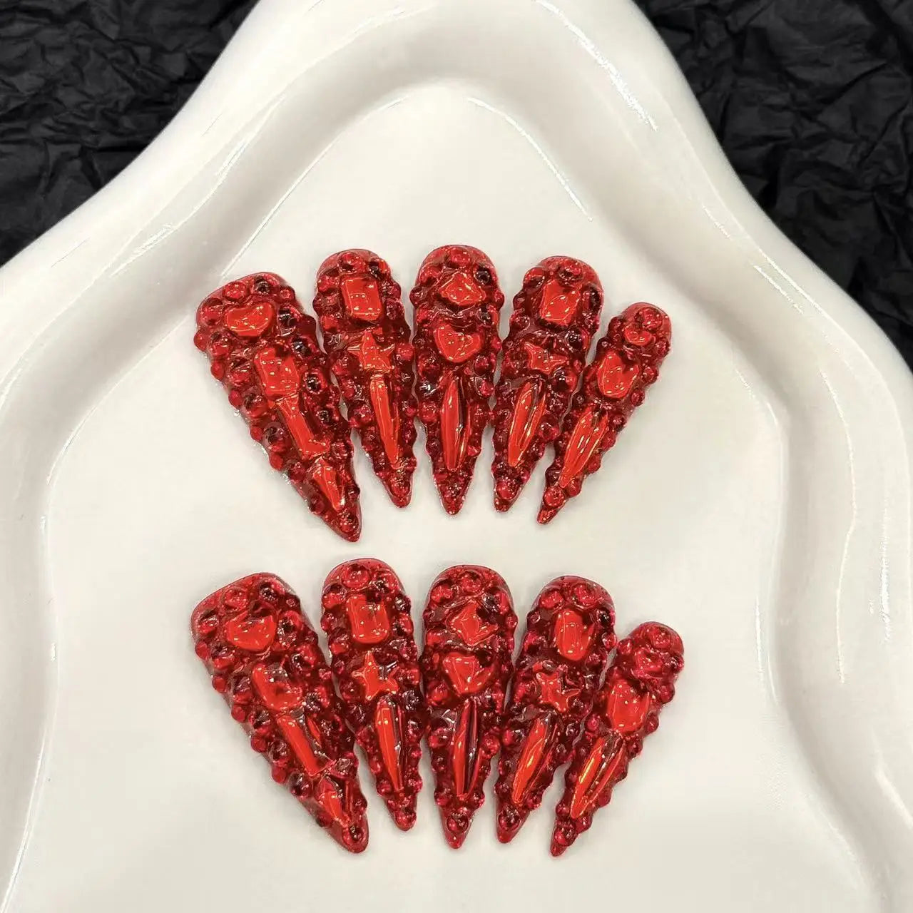 10pcs high-end Light luxury red long style handmade fake nails, Red nail decoration patches for girls