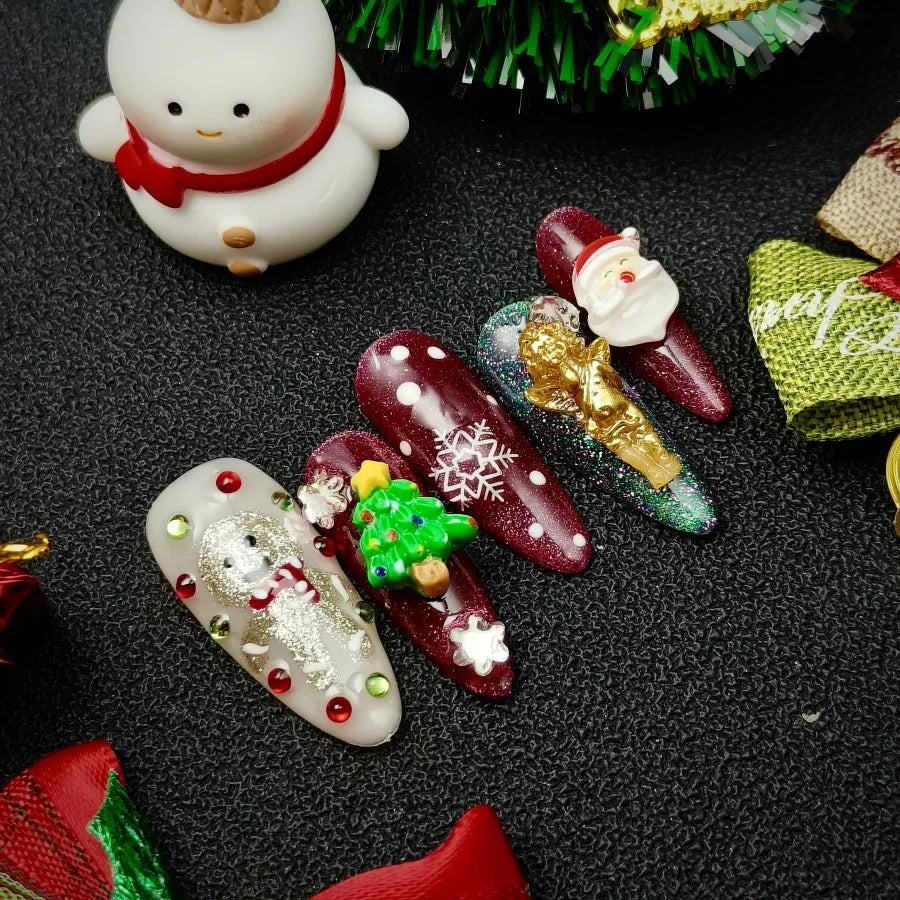 Christmas Cute Nail Art Set, Sweet Pink Heart Press On Nails | 3D Bow & Rhinestone Coffin Nails | Cute Girly Handmade Set