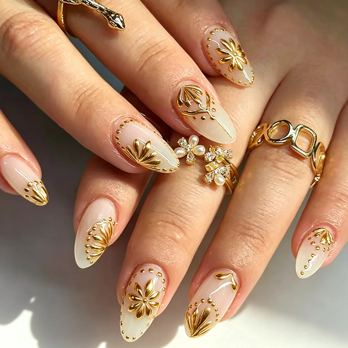 Pearl Gold Embroidery Almond Nails