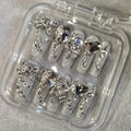 10pcs high-end Flash long silver with diamonds handmade fake nails, Light luxury long temperament girl nail decoration patch