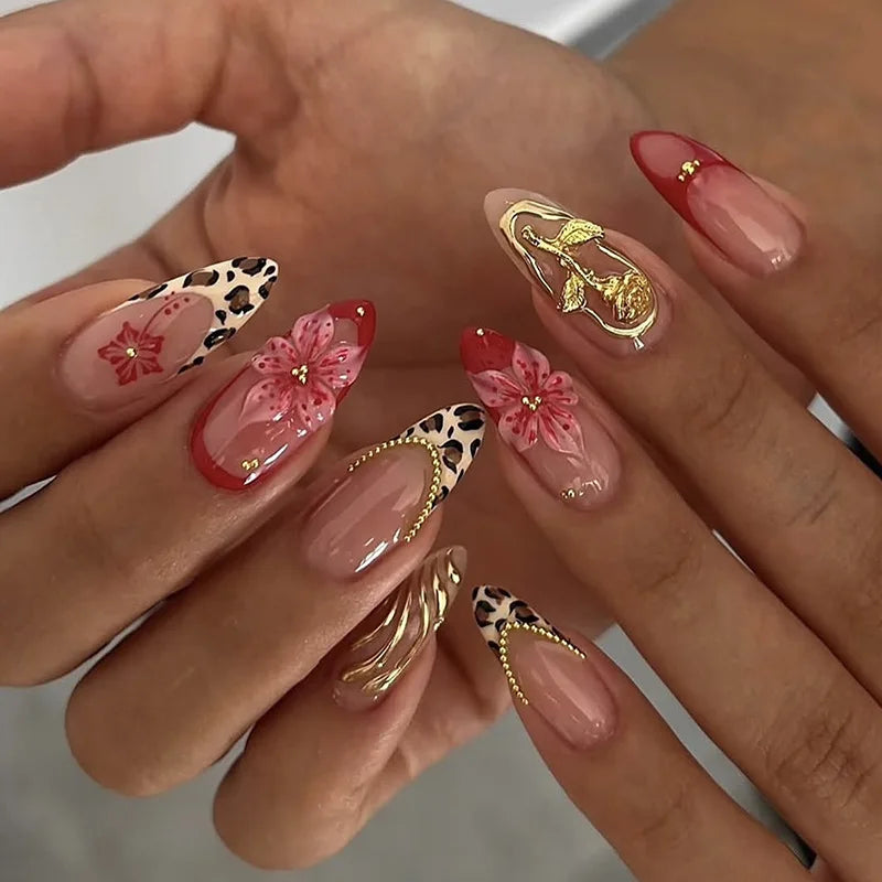 Leopard Gold Rose Stripe Nails