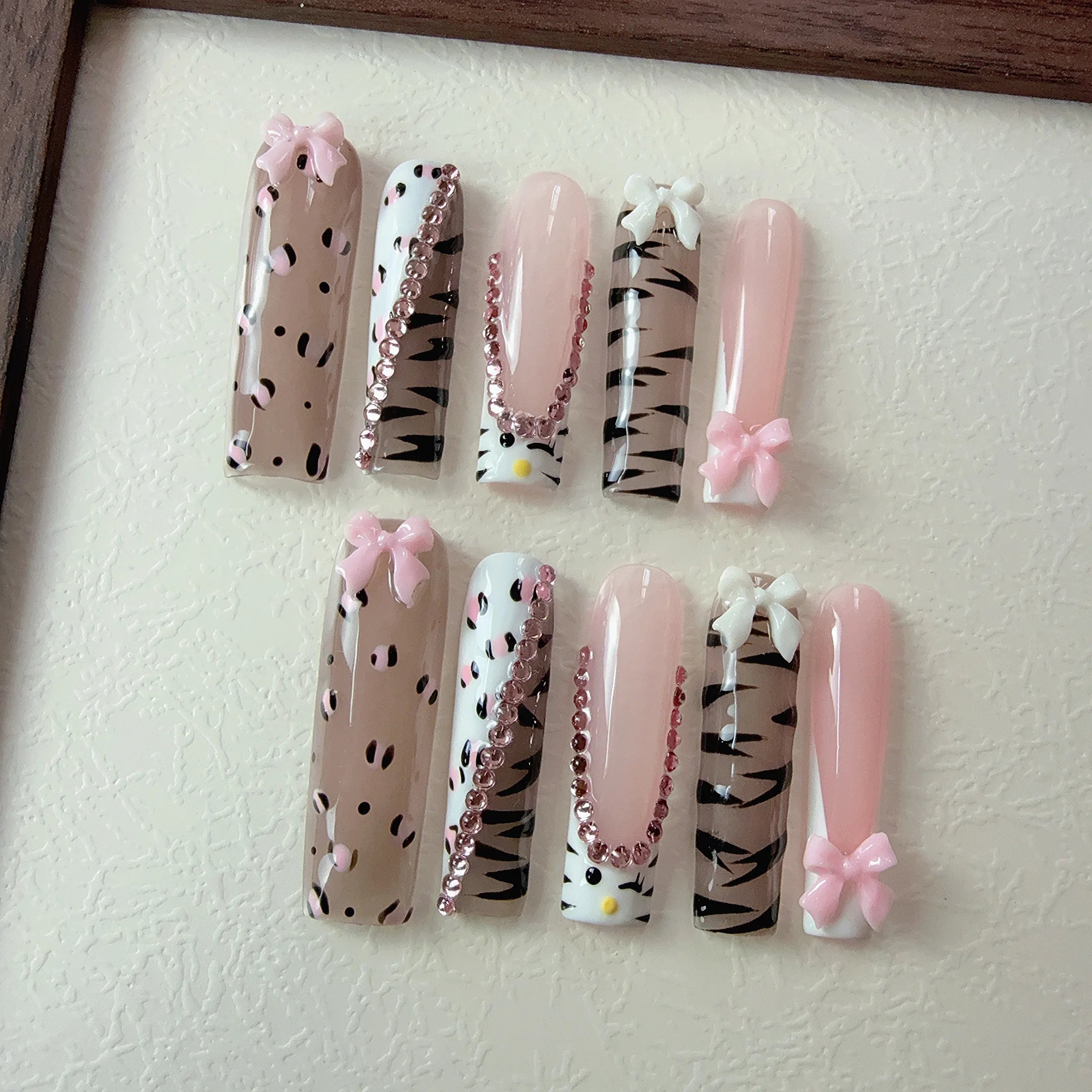 10pcs high-end Y2K Spicy girl style, hand-painted leopard print, zebra print, three-dimensional bow, sparkling pile diamond hand