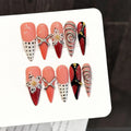 10 PCS Luxury Handmade Press on Nails Long pointed shape Rose red wave point Design with 3-PIECE Tool Adhesive Nail Glue Tabs