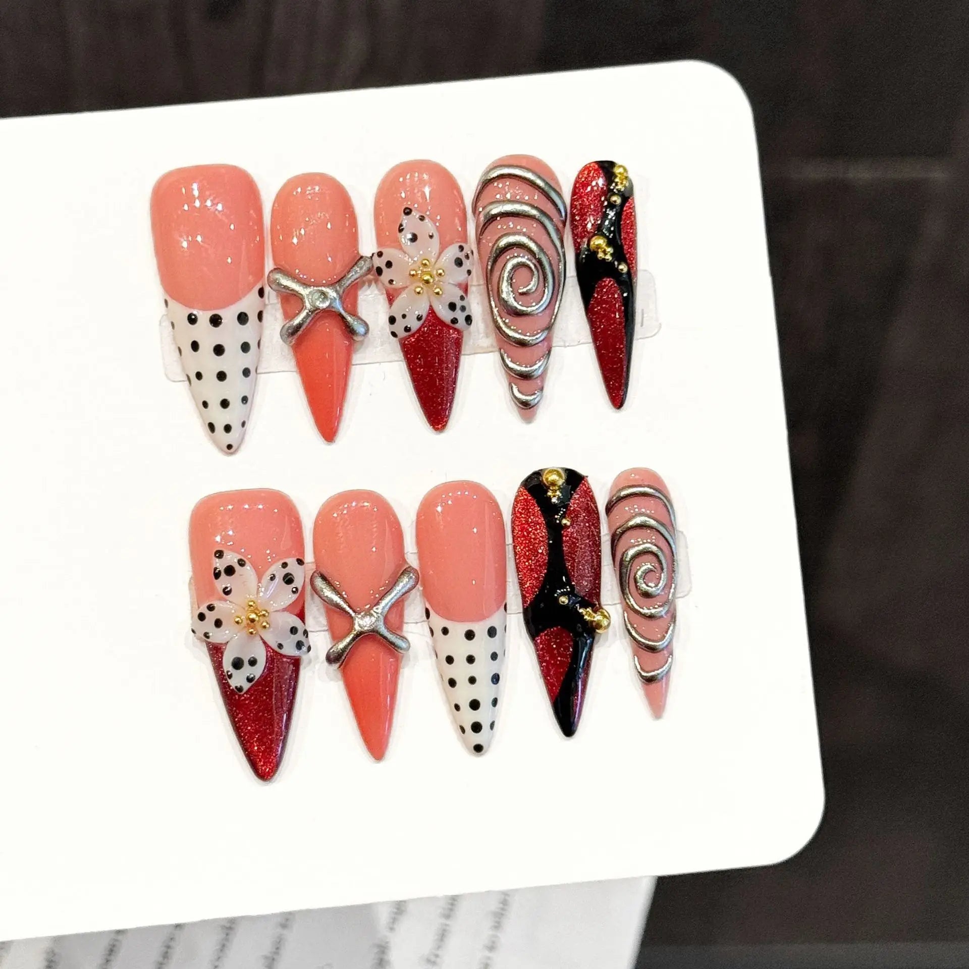 10 PCS Luxury Handmade Press on Nails Long pointed shape Rose red wave point Design with 3-PIECE Tool Adhesive Nail Glue Tabs