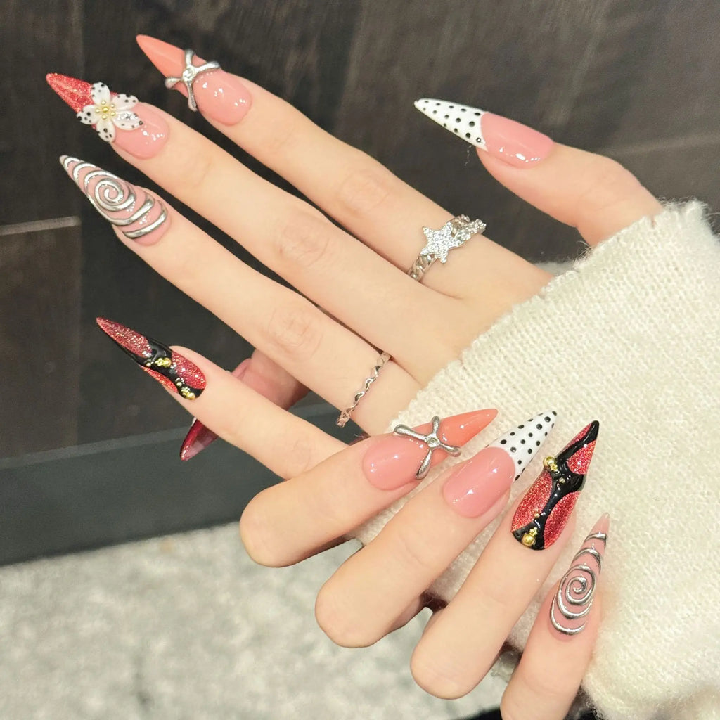 10 PCS Luxury Handmade Press on Nails Long pointed shape Rose red wave point Design with 3-PIECE Tool Adhesive Nail Glue Tabs
