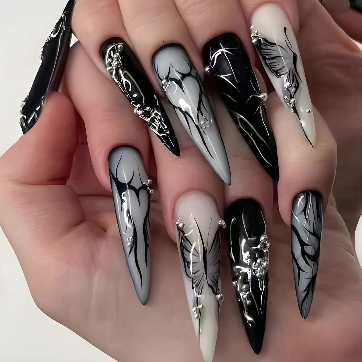 24pcs Black Stiletto Press on Nails Y2k Cat's Eye Design Manicure Pearl Starlight Long Almond False Nails Tip Wearable Fake Nail
