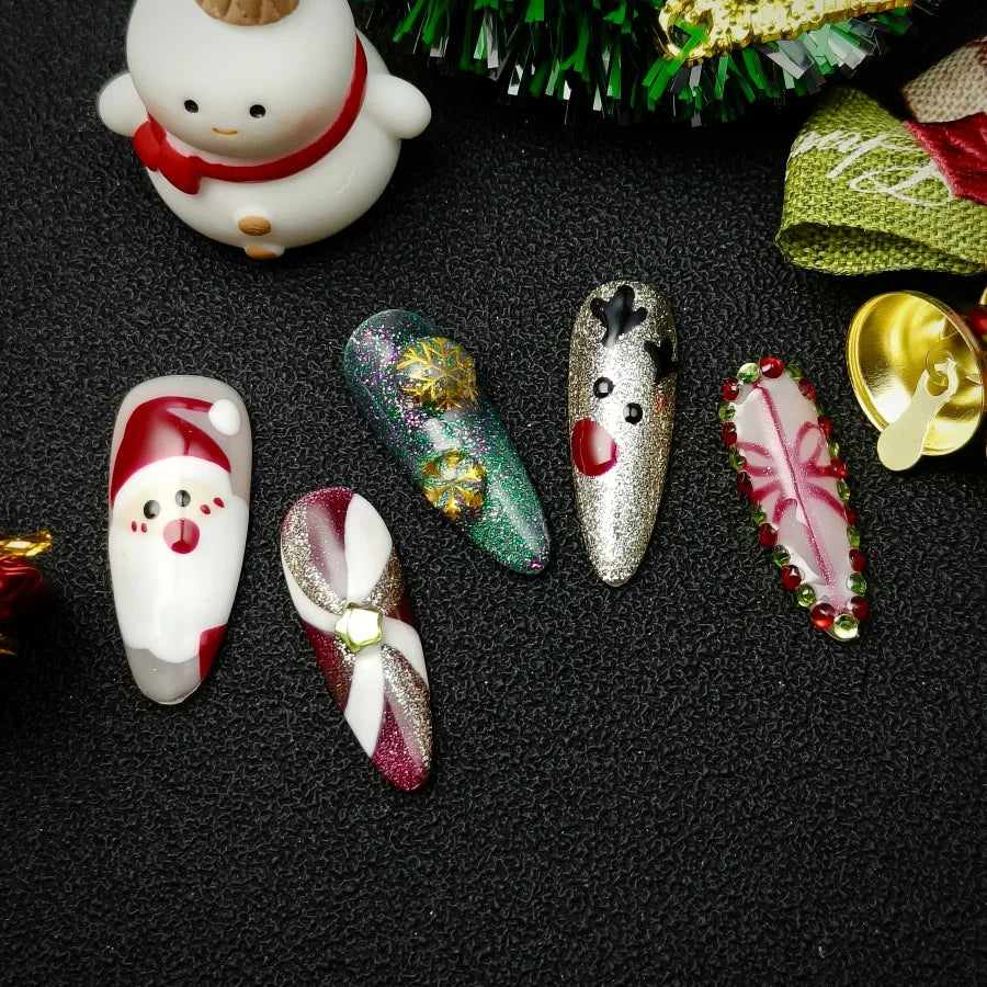 Christmas Cute Nail Art Set, Sweet Pink Heart Press On Nails | 3D Bow & Rhinestone Coffin Nails | Cute Girly Handmade Set