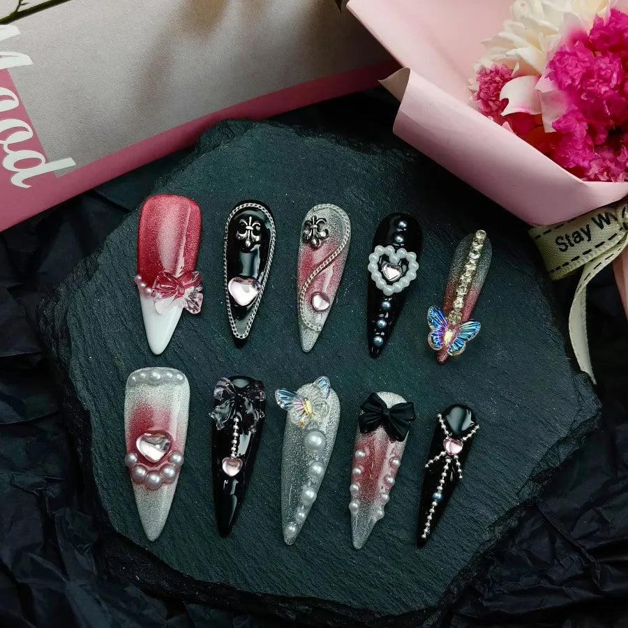 Vintage Flower & Lace French Press On Nails | 3D Rhinestone Butterfly Long Coffin Nails | Elegant Handmade Nail Art