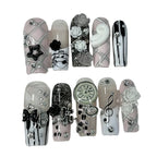 Vintage Pink Musical Notes Press On Nails | 3D Rose & Pearl Coffin Nails | Cute Y2K Gyaru Handmade Nail Set