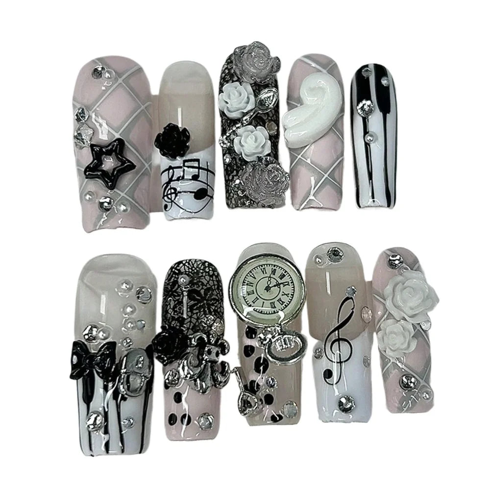 Vintage Pink Musical Notes Press On Nails | 3D Rose & Pearl Coffin Nails | Cute Y2K Gyaru Handmade Nail Set