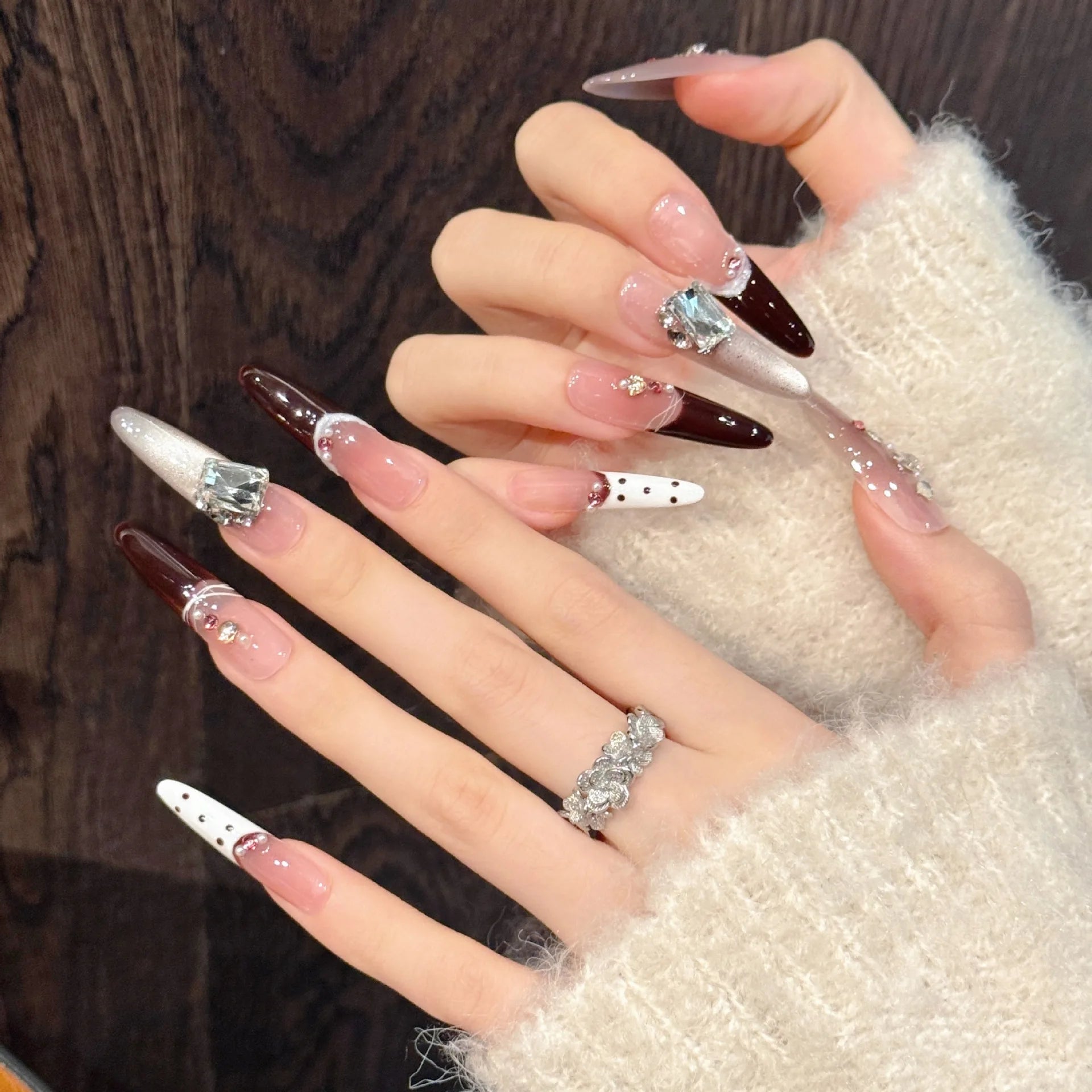 10 PCS Luxury Handmade Press on Nails Long Drop French atmosphere Design with 3-PIECE Tool Adhesive Nail Glue Tabs