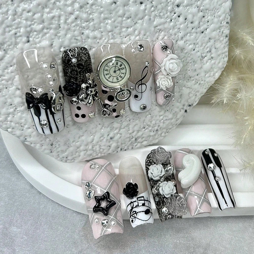 Vintage Pink Musical Notes Press On Nails | 3D Rose & Pearl Coffin Nails | Cute Y2K Gyaru Handmade Nail Set