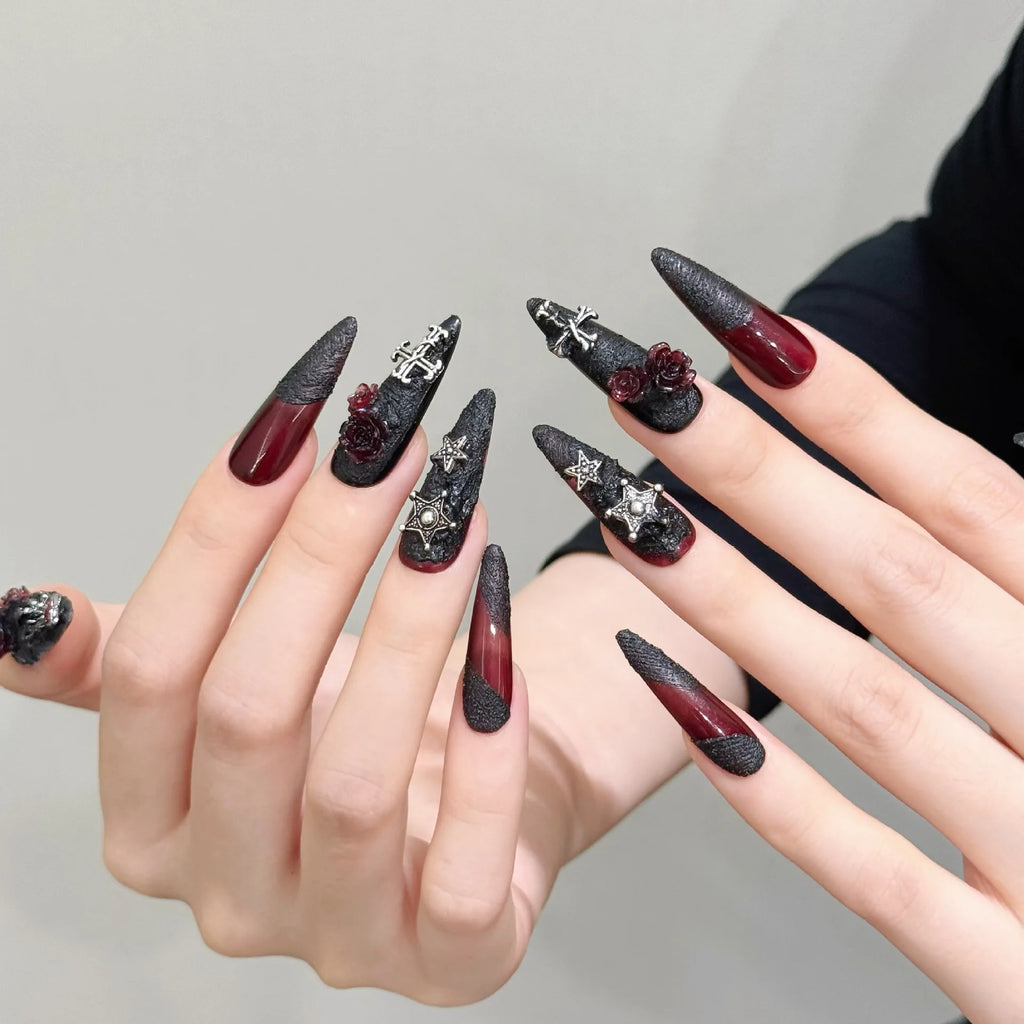 10 PCS Luxury Handmade Press on Nails Long Drop Black rose Design with 3-PIECE Tool Adhesive Nail Glue Tabs